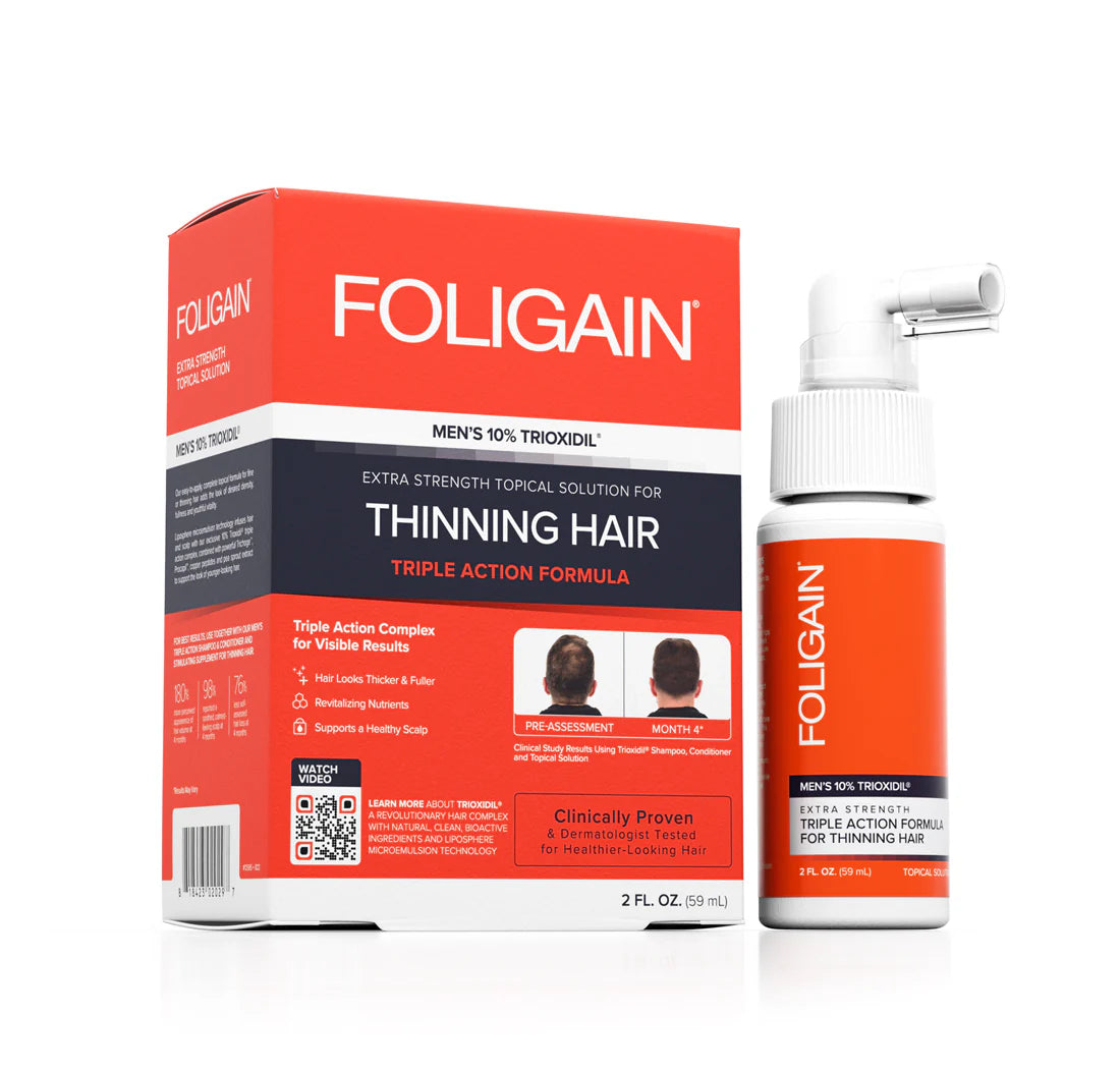 Foligain Triple Action Lotion Trioxidil 10% Homme lotion anti-chute cheveux densité volume croissance capillaire traitement intensif - novaparapharmacie