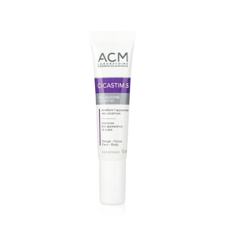 ACM Cicastim S Gel Silicone 15ml tube blanc vert cicatrisation visage corps réparation intensive cicatrices atténuation - novaparapharmacie