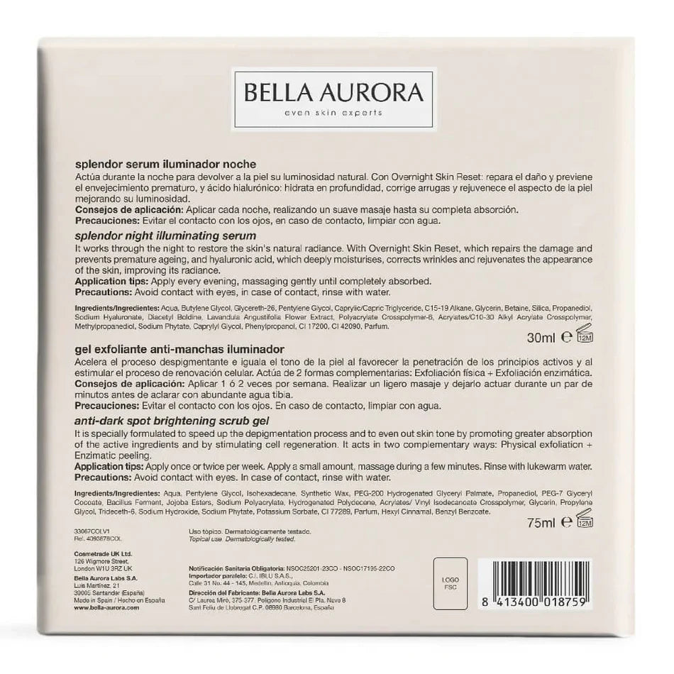  Utilisation Bella Aurora Splendor Pack gel exfoliant sérum anti-taches routine complète teint unifié lumineux - novaparapharmacie