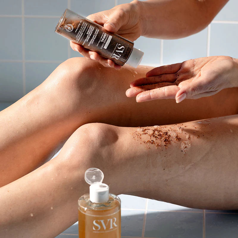 Application SVR XERIAL Gommage Corps massage circulaire exfoliation TOPIALYSE Huile Lavante douche nettoyage - novaparapharmacie