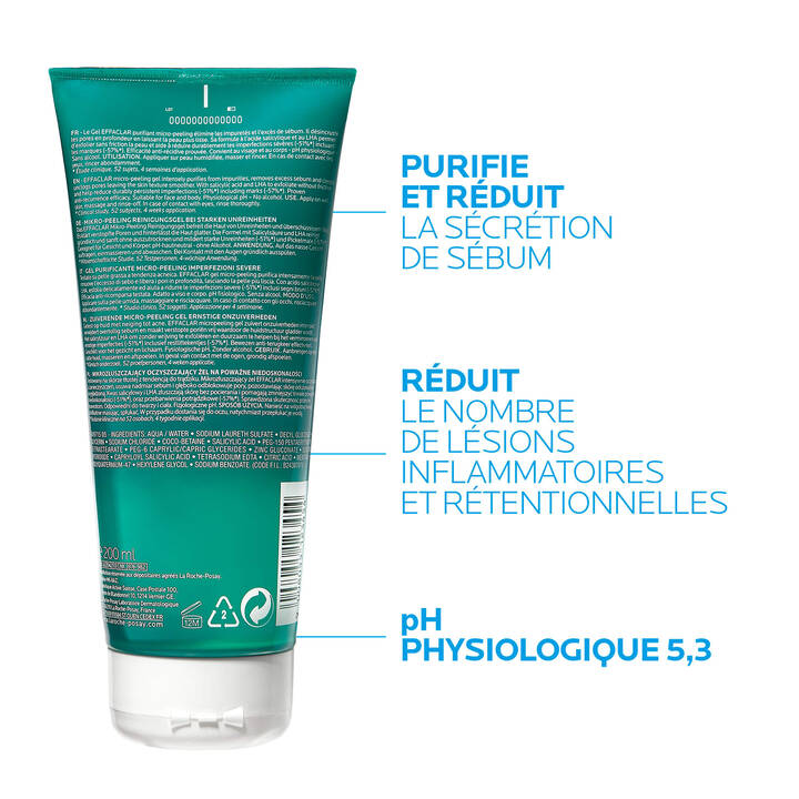 La Roche-Posay Effaclar Gel Purifiant Micro-Peeling 200ml Nettoyant Exfoliant Anti-Imperfections - novaparapharmacie