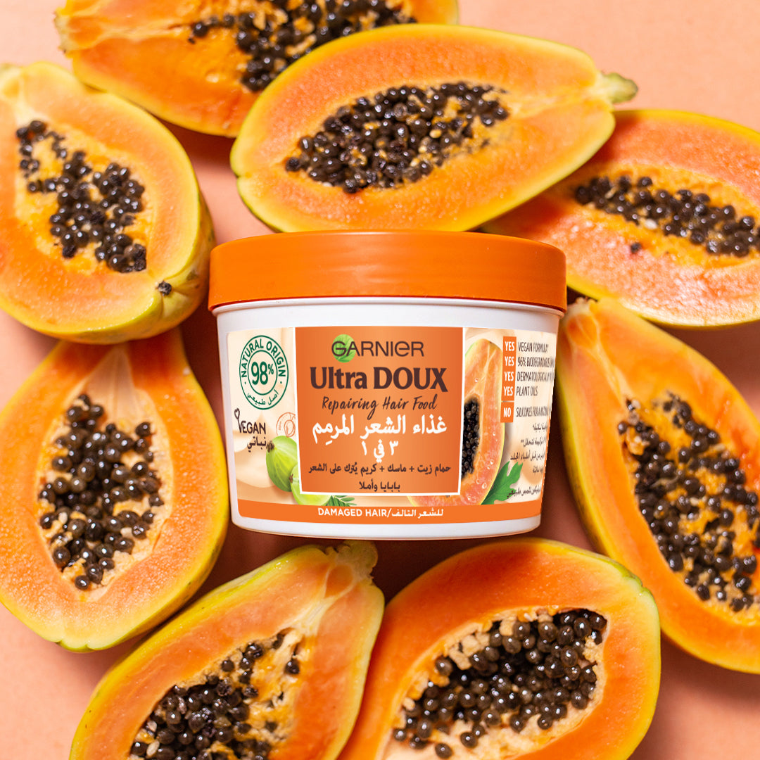 GARNIER Ultra Doux Hair Food Papaye 390ml pot orange masque nourrissant cheveux secs abîmés nutrition intense brillance - novaparapharmacie