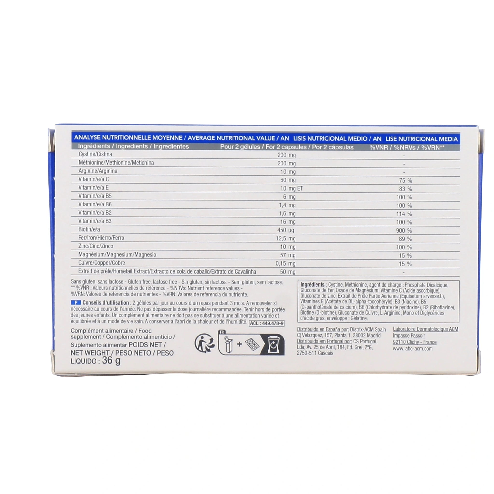 Packaging Détails ACM Novophane 60 Capsules Cheveux Ongles Force Beauté 7 Acides Aminés - novaparapharmacie