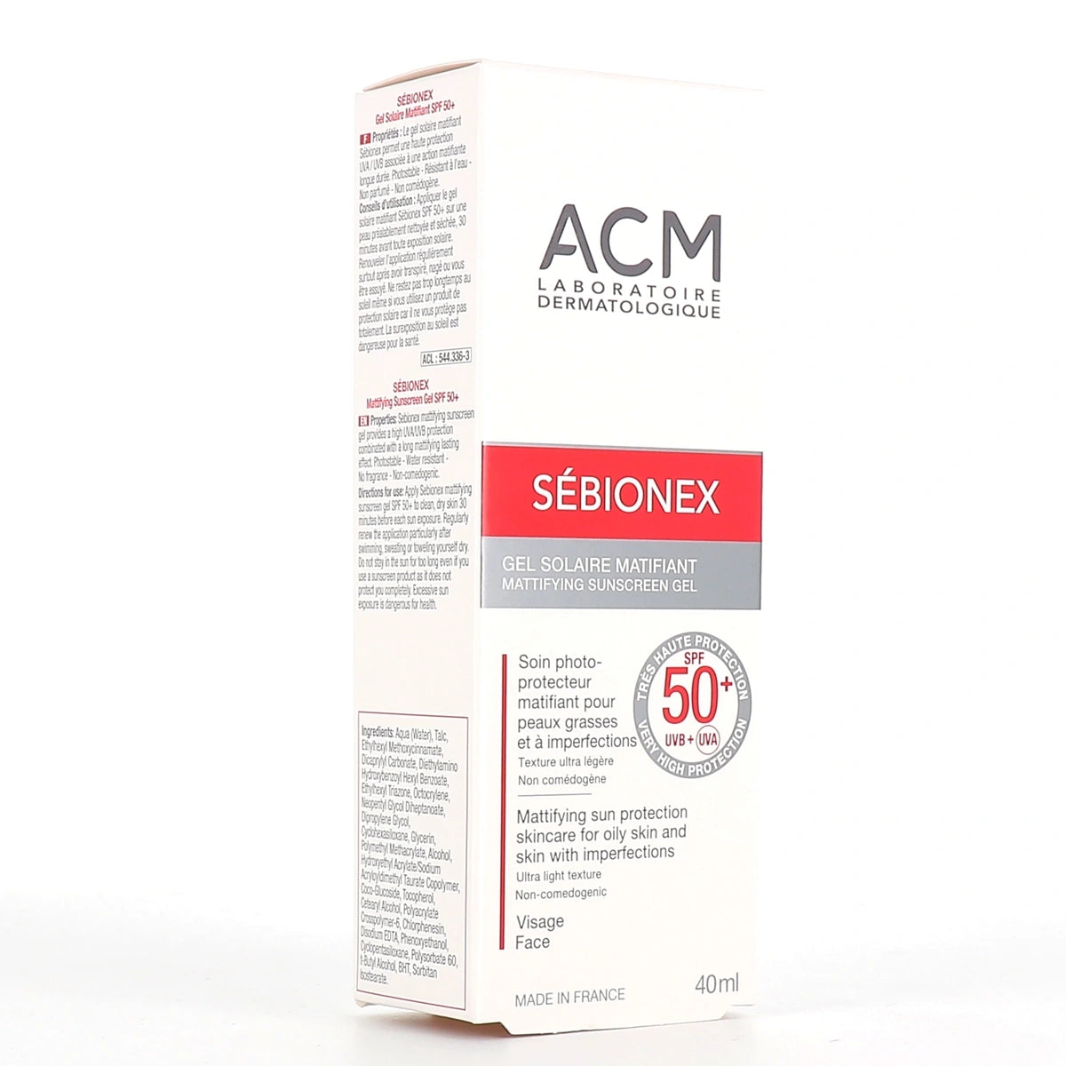 Packaging ACM Sébionex Gel Solaire SPF50+ 40ml Tube Protection Matifiante Peaux Grasses - novaparapharmacie