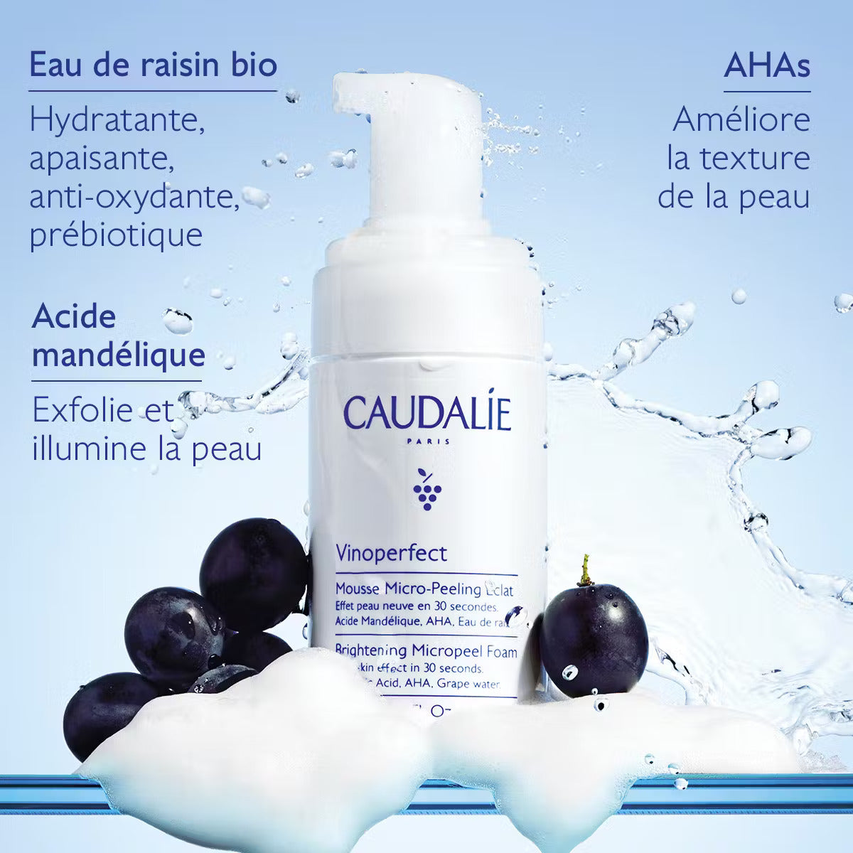CAUDALIE Vinoperfect Mousse Micro-Peeling Éclat 100ml mousse nettoyante exfoliante micro-peeling éclat viniférine extraits raisin - novaparapharmacie