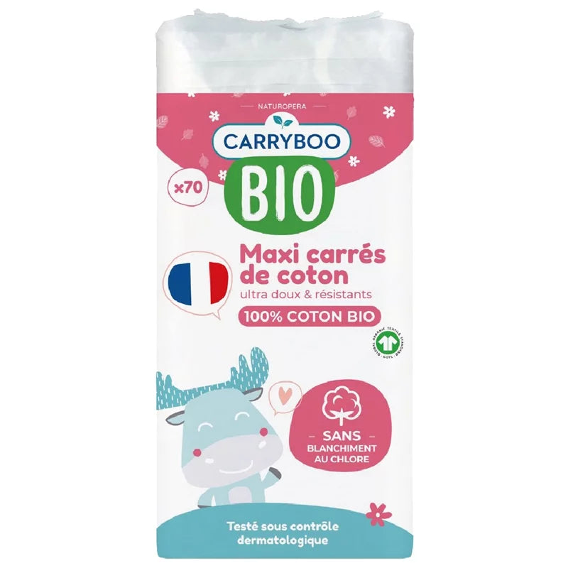 CARRYBOO Maxi Carrés De Coton 70 Pièces cotons bio bébé 100% coton bio format maxi absorption optimale peau fragile douceur - novaparapharmacie