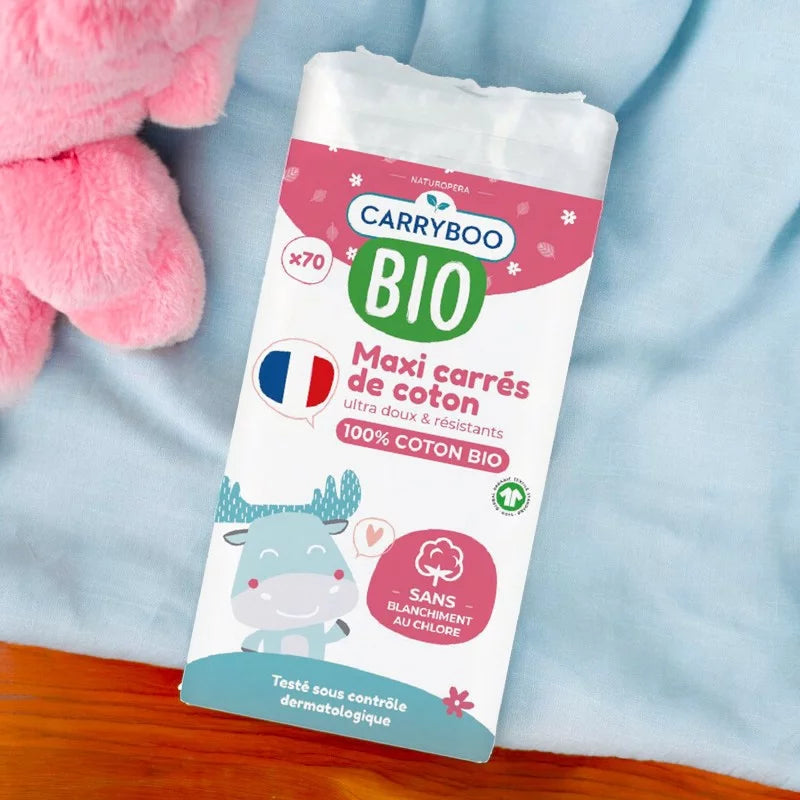 Cotons CARRYBOO Maxi Carrés De Coton 70 Pièces bio bébé 100% coton bio format maxi absorption optimale peau fragile douceur - novaparapharmacie