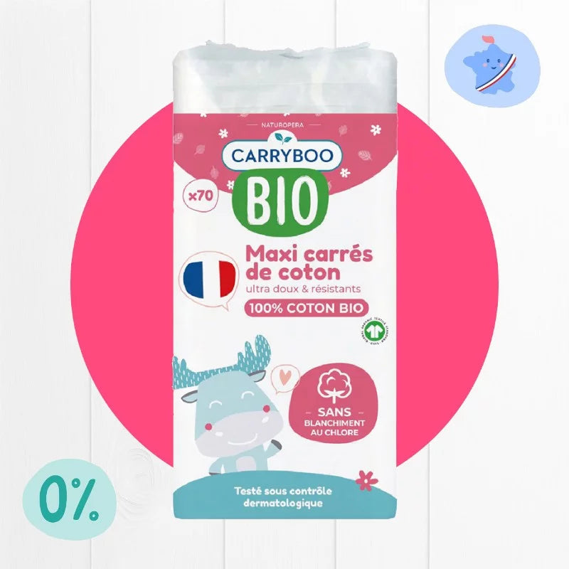 CARRYBOO Maxi Carrés De Coton 70 Pièces cotons bio bébé 100% coton bio format maxi absorption optimale naturel respectueux - novaparapharmacie