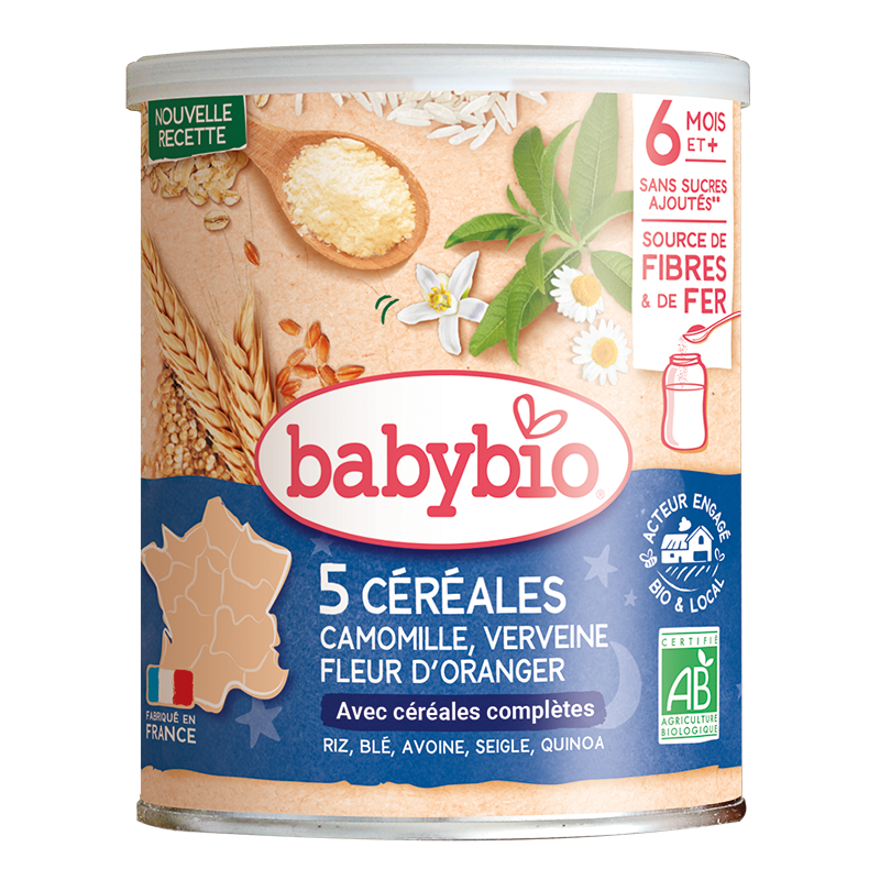 BABYBIO 5 Céréales Verveine Fleur d'Oranger Camomille 220g bio céréales bébé dès 6 mois plantes apaisantes sans sucre - novaparapharmacie