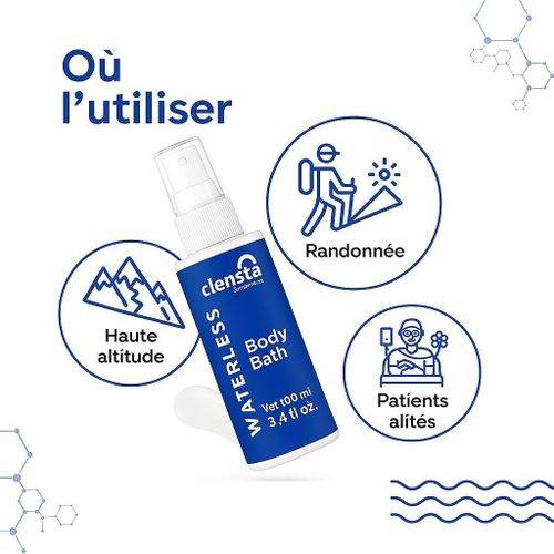 CLENSTA Bain de Corps Sans Eau 100ml application gel nettoyant antibactérien hygiène intime mode emploi sans eau - novaparapharmacie