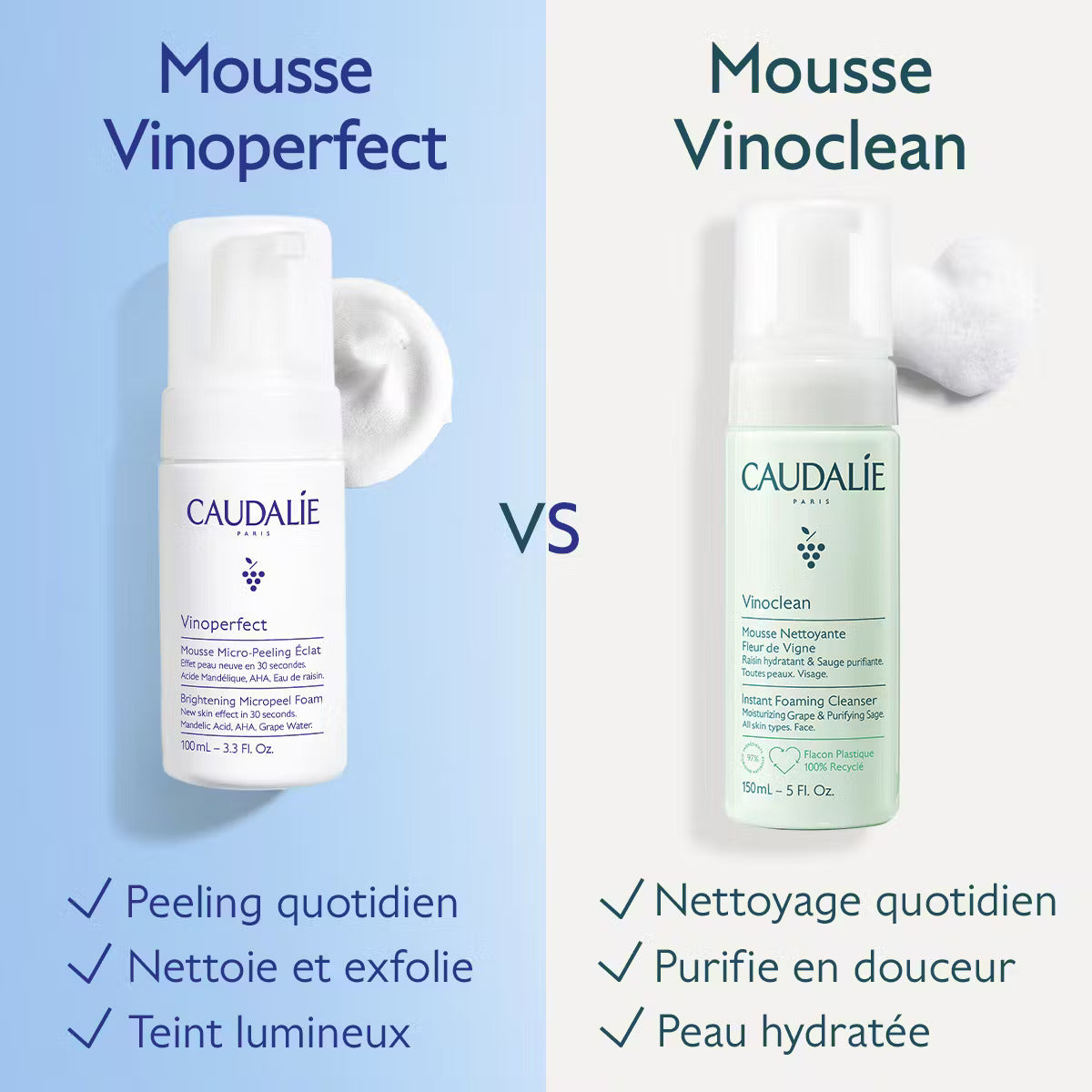 Micro-Peeling CAUDALIE Vinoperfect Mousse Éclat 100ml mousse nettoyante exfoliante micro-peeling éclat nettoyante mousse douce - novaparapharmacie