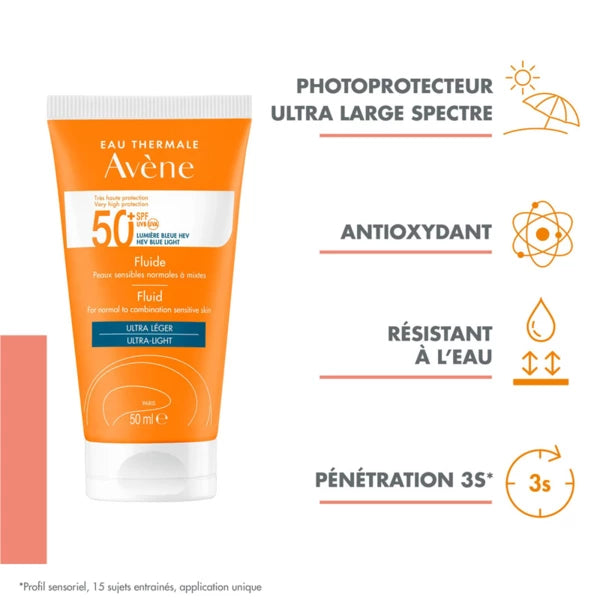 Avène Fluide SPF50+ 50ml Protection Solaire Très Haute Peaux Sensibles Normales Mixtes Légère - novaparapharmacie