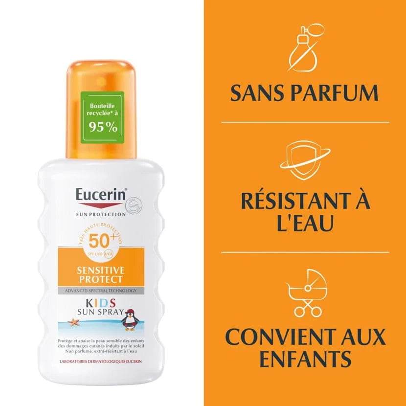 Eucerin Sun Protection Kids Spray SPF50+ bénéfices protection enfants très haute protection peaux sensibles anti-UVA UVB résistant eau sable