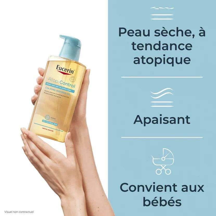 Application Eucerin AtopiControl Huile Bain - Soin douceur pour peau atopique sous la douche - Huile lavante apaisante dermatologique