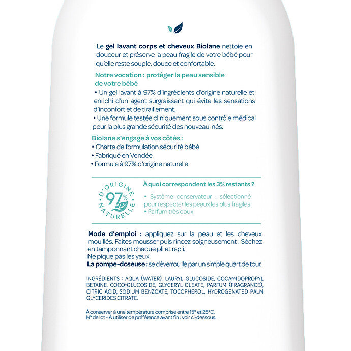 Gel BIOLANE Lavant Corps Et Cheveux 50ml nettoyant 2en1 bébé 2en1 pratique nettoyage doux formule douce format voyage - novaparapharmacie
