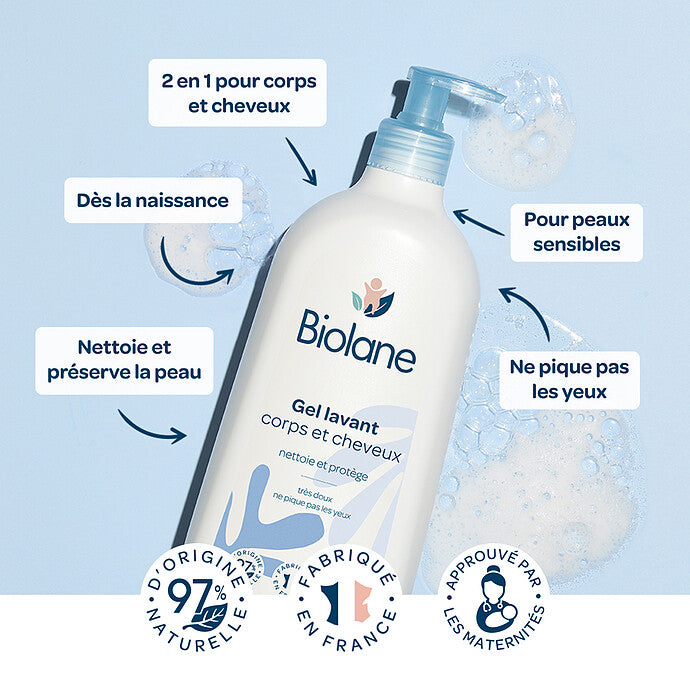 BIOLANE Gel Lavant Corps et Cheveux 200ml gel nettoyant 2en1 bébé 2en1 pratique nettoyage doux pH neutre sans savon - novaparapharmacie