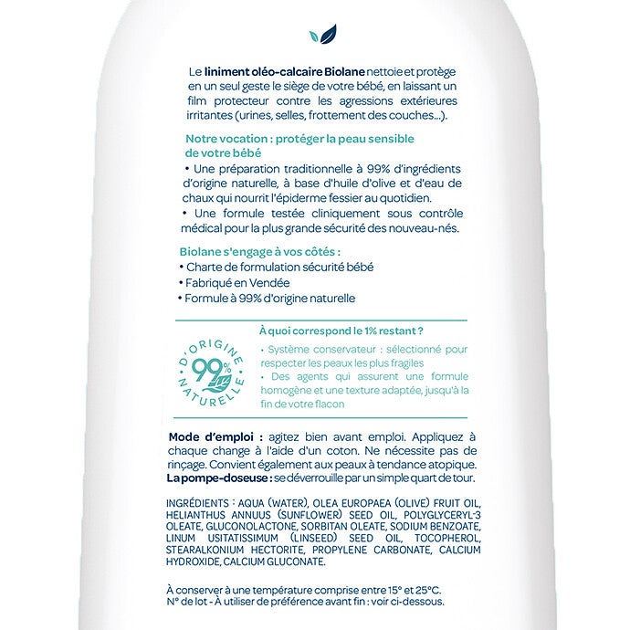Liniment BIOLANE Oléo-Calcaire 300ml change bébé huile olive eau chaux film protecteur sans rinçage nettoyage siège - novaparapharmacie
