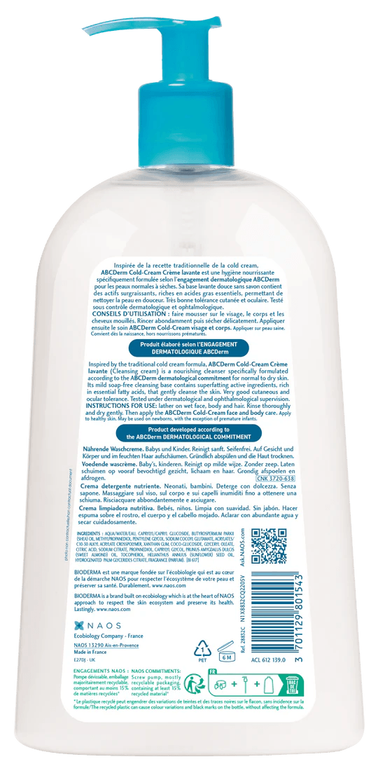 BIODERMA ABCDerm Cold-Cream Crème Lavante 1L - Nettoyant Surgras Bébés Format Familial - Nova Parapharmacie