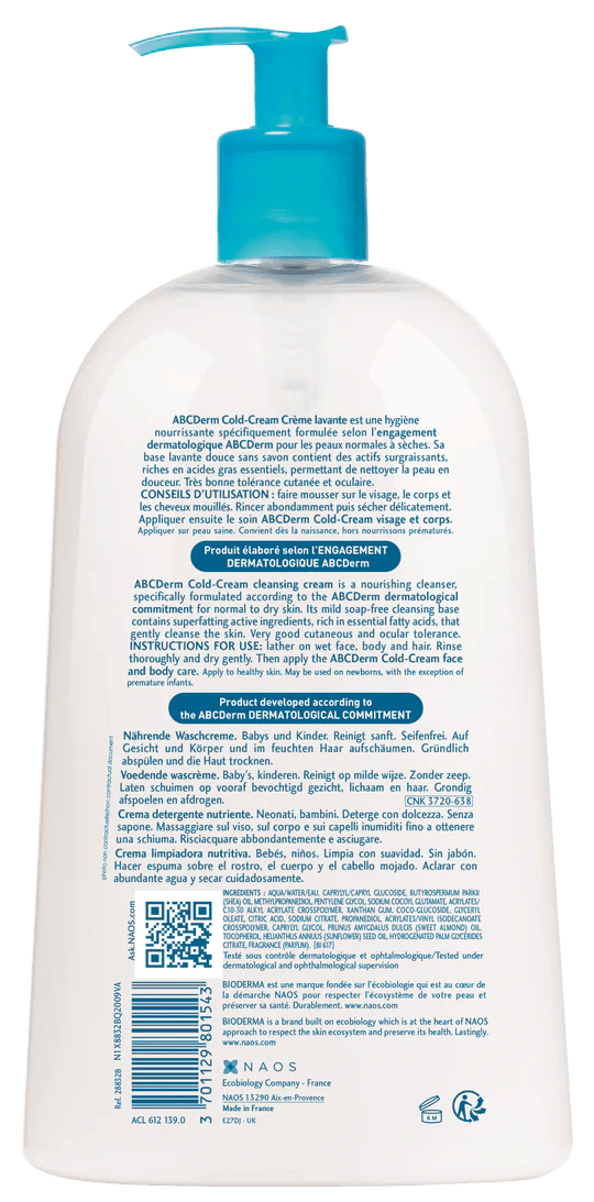 BIODERMA ABCDerm Cold-Cream Crème Lavante 1L - Nettoyant Surgras Bébés Format Familial - Nova Parapharmacie