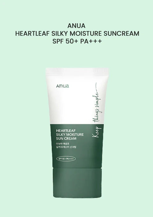 Tube Anua HeartleaF Silky Moisture Sun Cream SPF50+ PA++++ 50ml format pratique crème solaire K-Beauty - novaparapharmacie