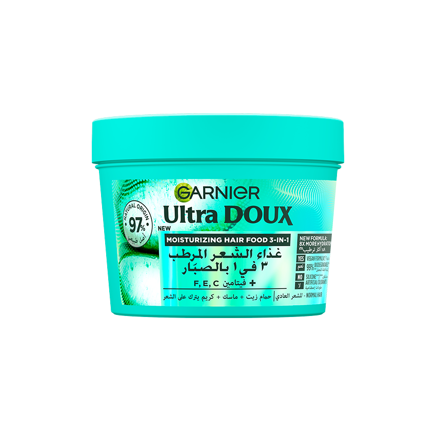 GARNIER Ultra Doux Hair Food Aloe Vera 390ml pot vert masque cheveux secs abîmés hydratation intense 98% naturel - novaparapharmacie