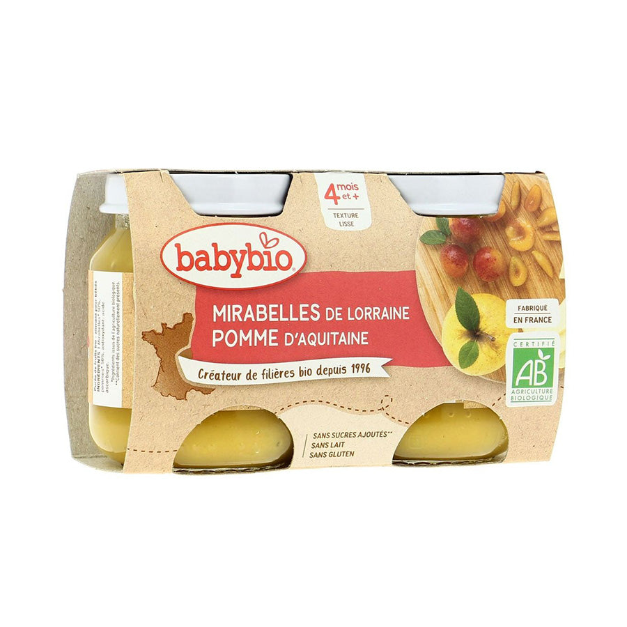 BABYBIO Pot Mirabelle Pomme 2x130g bio fruits bébé dès 6 mois alimentation infantile texture adaptée sans sucre ajouté - novaparapharmacie