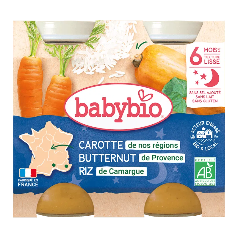 Babybio Bol Bonne Nuit Carotte Courge Butternut Riz Bio 2x200g repas bébé dès 8 mois légumes riz biologiques - novaparapharmacie