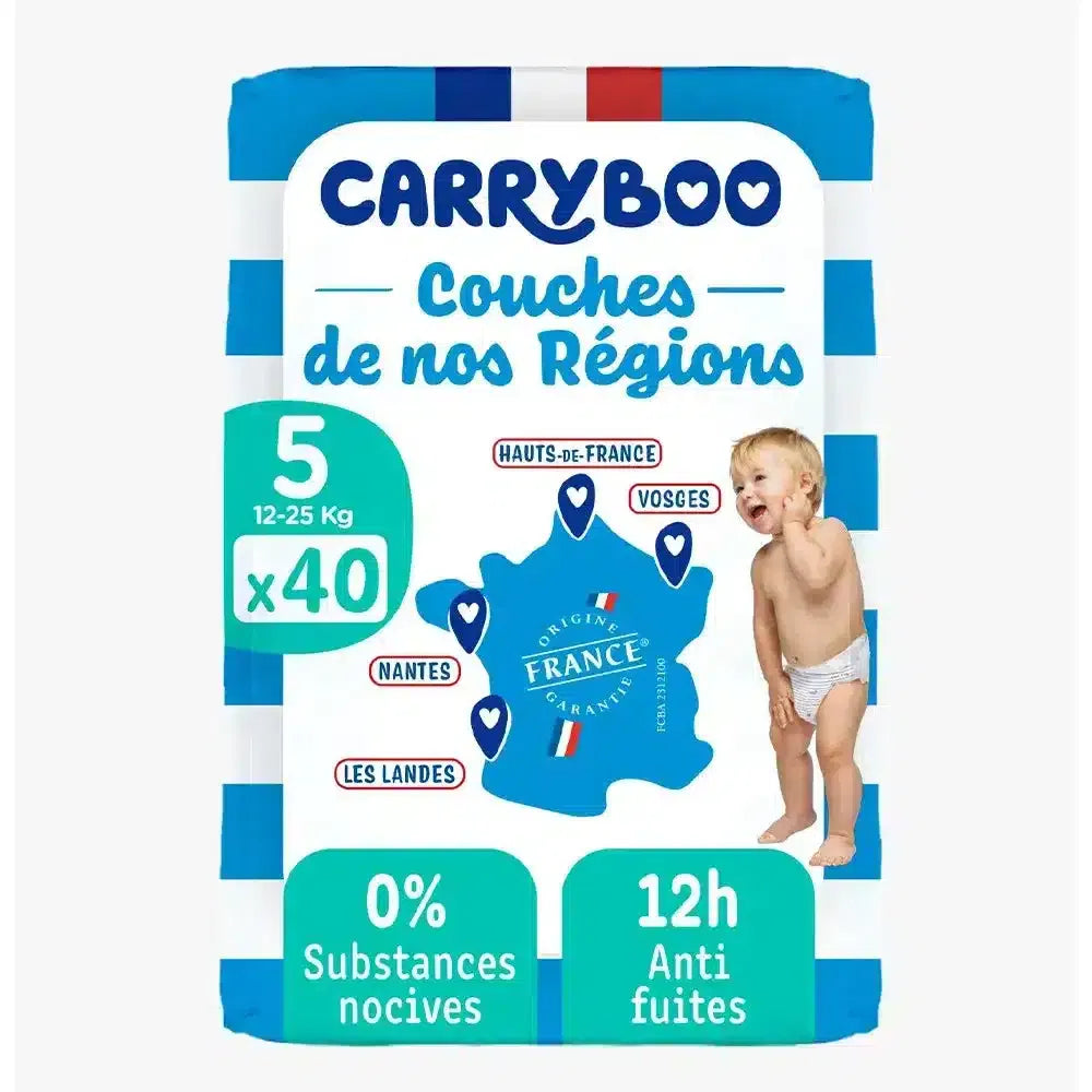 Carryboo Couches T5 12-25kg 40 Unités couches écologiques bébé hypoallergéniques absorption optimale protection anti-fuites 12h - novaparapharmacie