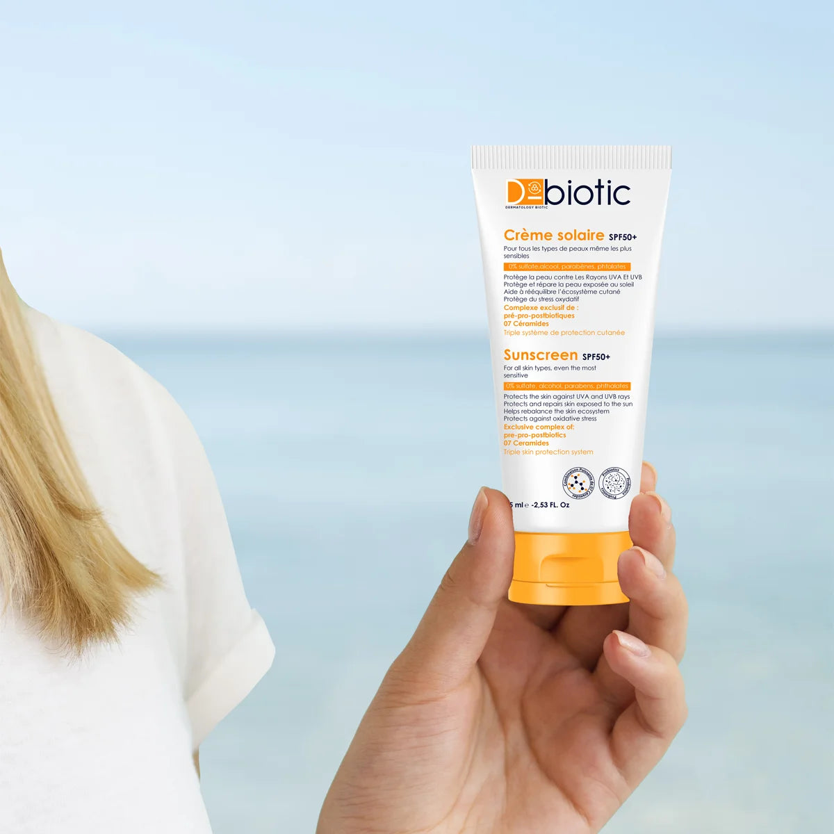 Crème D-BIOTIC Solaire SPF50+ 75ml texture protection visage peaux sensibles probiotiques hydrate - novaparapharmacie