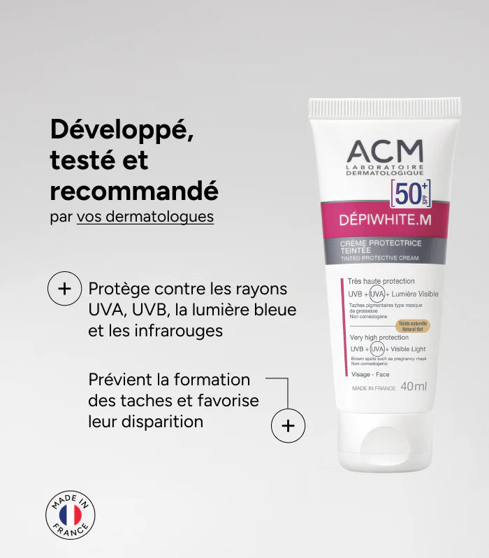 ACM Dépiwhite M packaging écran teinté SPF50 protection anti-taches lumière visible UVA UVB tube pratique application - novaparapharmacie