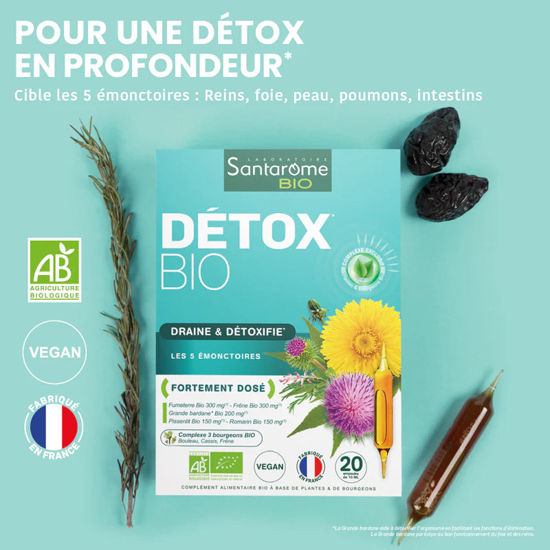 Ampoules SANTAROME Détox BIO 20 complément alimentaire drainage détoxification plantes bourgeons bio - novaparapharmacie