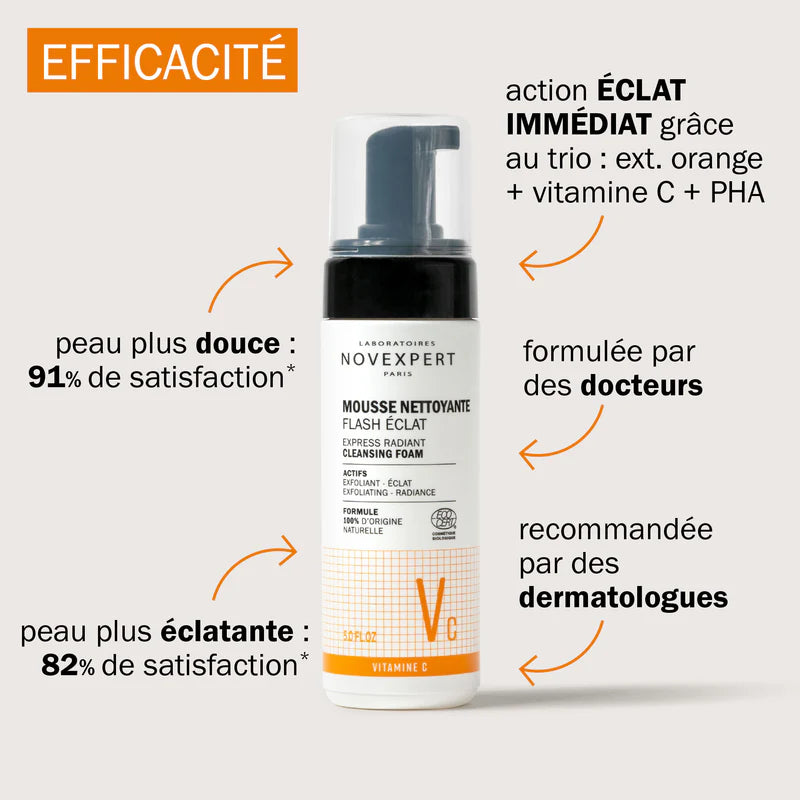 Novexpert Mousse Nettoyante Flash Éclat Vitamine C 150ml Démaquillant Exfoliant Radiance - novaparapharmacie
