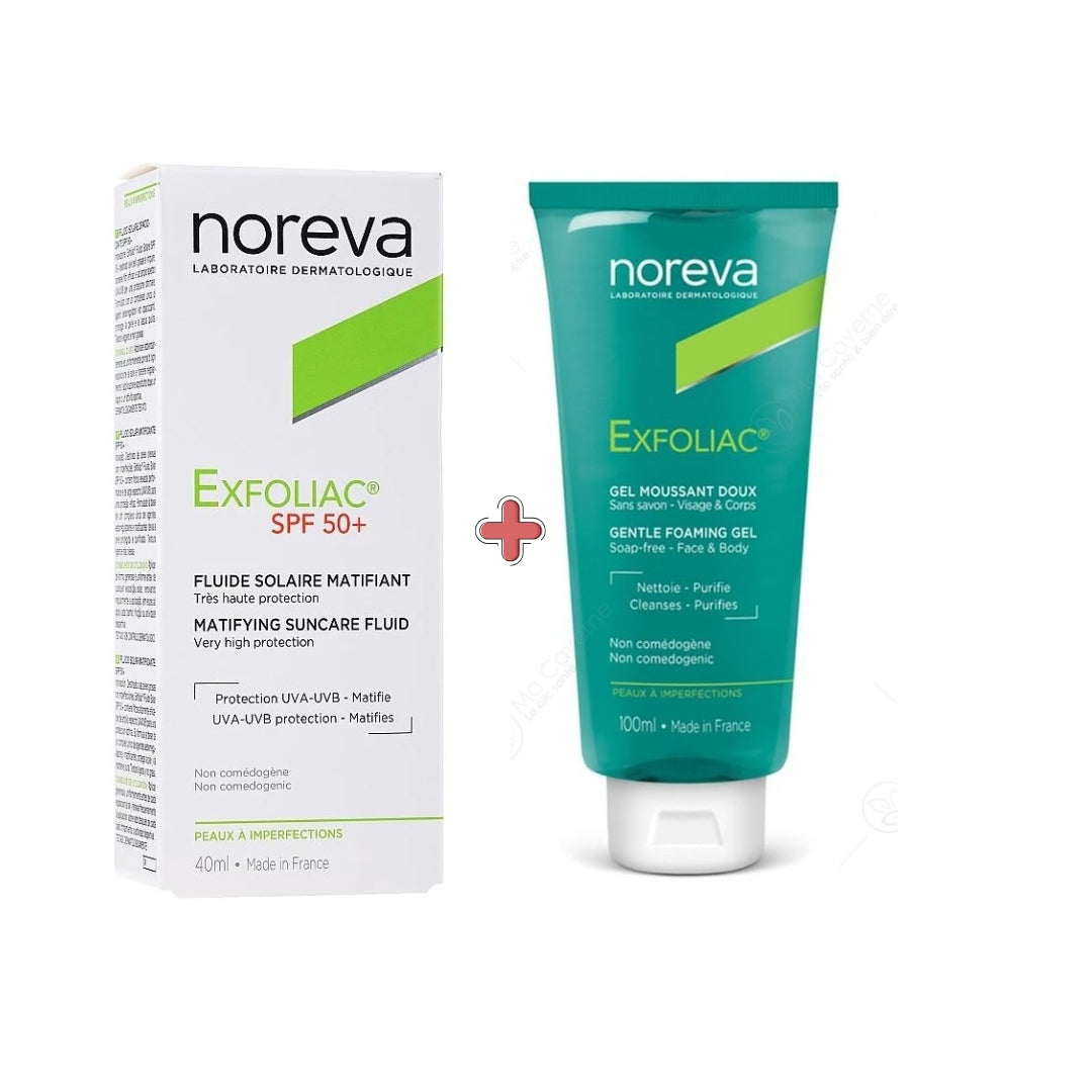 Noreva Exfoliac Ecran Solaire Spf50+ 40ml + Gel moussant Doux 100ml PACK | Nova Para