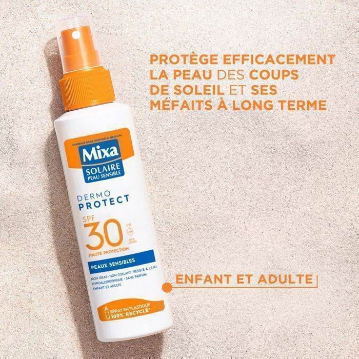 MIXA Solaire Adult Spray Peaux Sensibles SPF30+ 150ml Protection Solaire Haute Tolérance Hypoallergénique Résistant Eau Formule Douce - Nova Parapharmacie