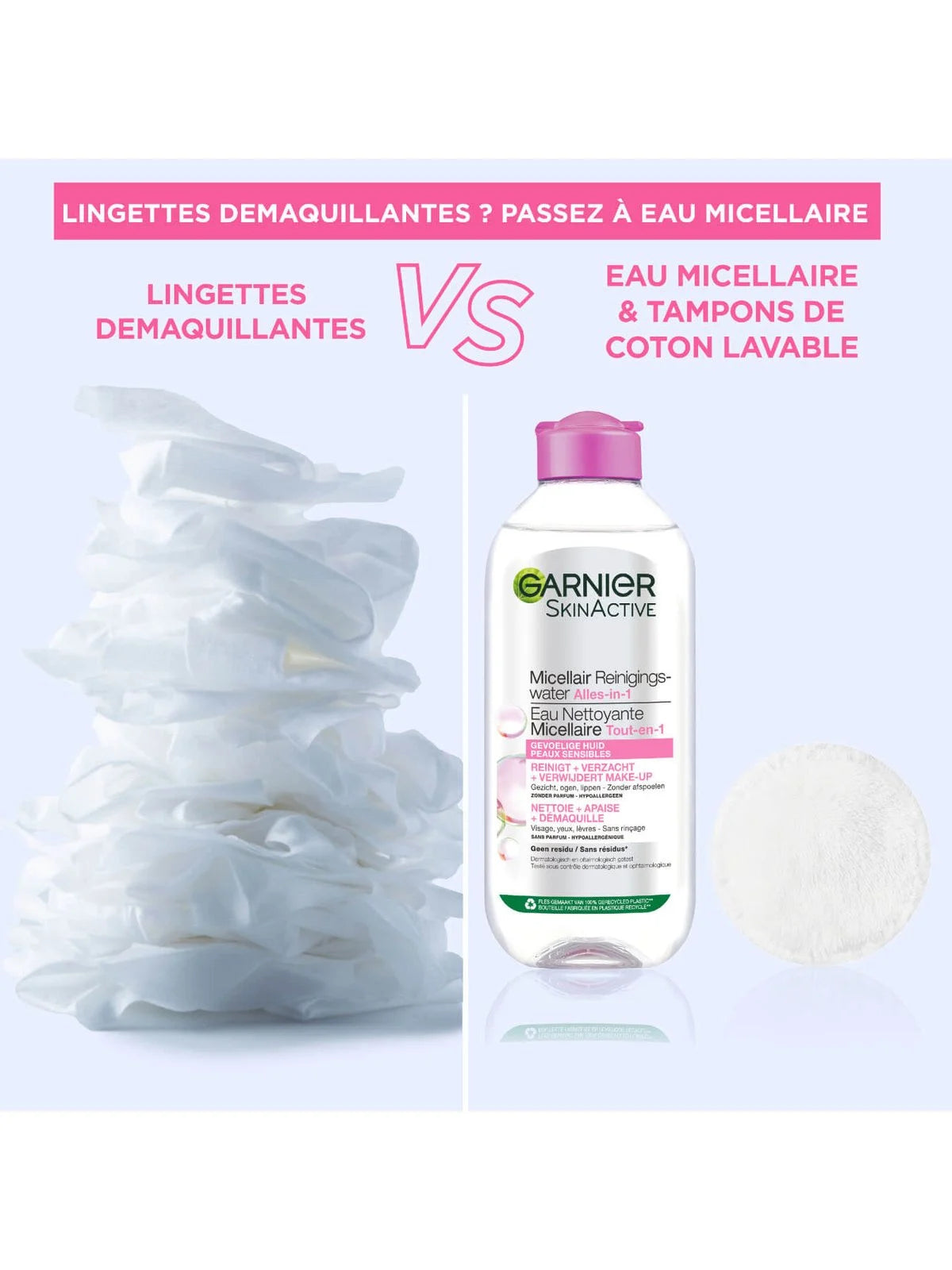 Garnier SkinActive Eau micellaire peaux sensibles application démaquillant doux sans parfum hypoallergénique mode emploi - novaparapharmacie