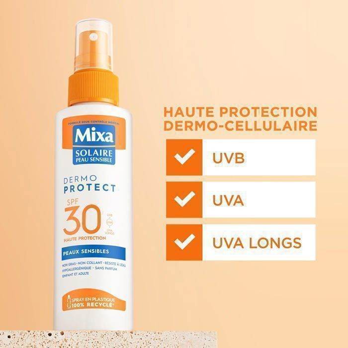 MIXA Solaire Adult Spray Peaux Sensibles SPF30+ 150ml Protection Solaire Haute Tolérance Hypoallergénique Résistant Eau Formule Douce - Nova Parapharmacie