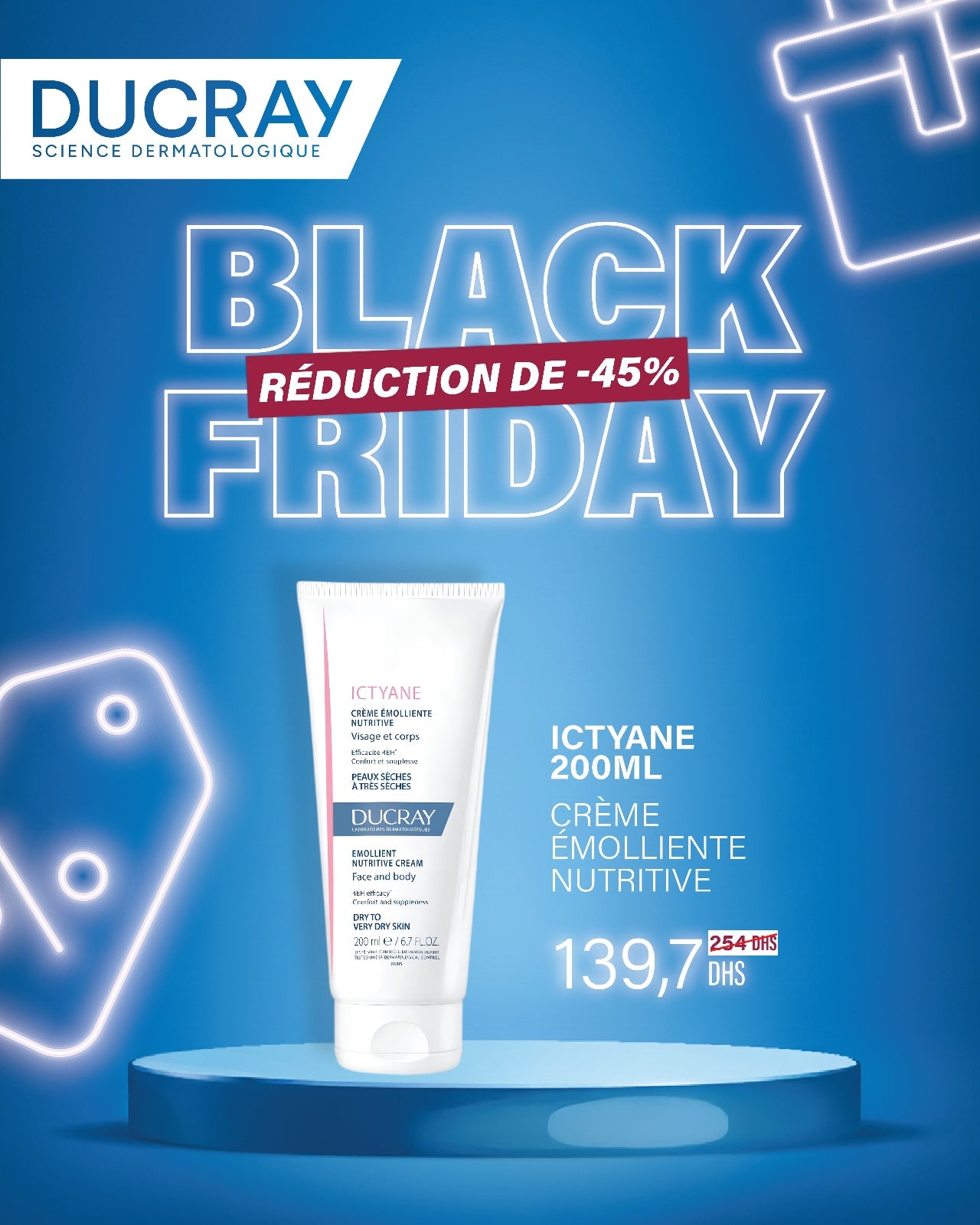 DUCRAY Ictyane Crème Émolliente Nutritive 200ml tube blanc bleu corps peaux très sèches hydratation intense nutrition confort - novaparapharmacie