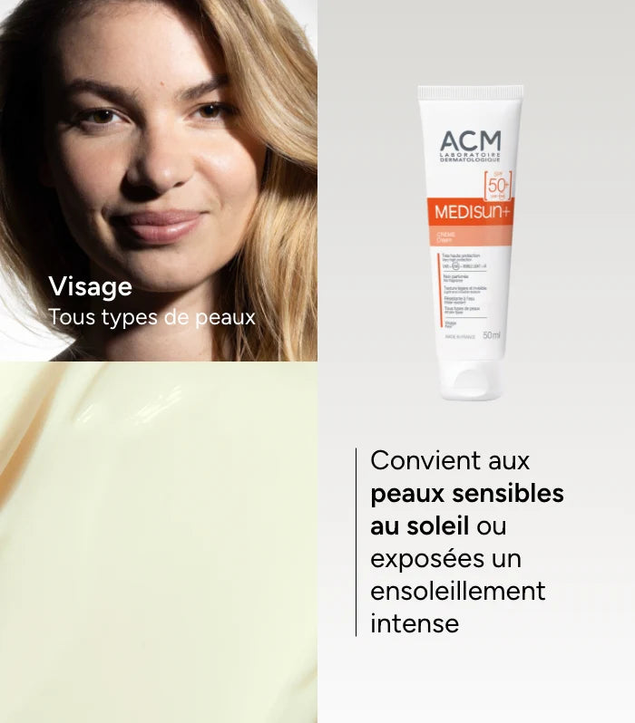 ACM Medisun texture formule crème SPF 50+ protection hydratante résistante eau UVA UVB onctueuse confortable non grasse - novaparapharmacie