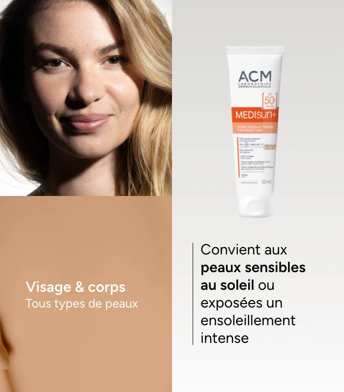 ACM Medisun indications écran minéral teinte claire SPF50+ protection naturelle filtres minéraux peaux sensibles intolérantes - novaparapharmacie