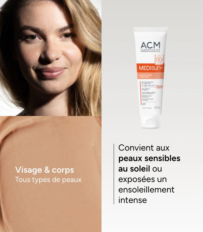 ACM Medisun indications crème teintée claire SPF 50+ protection unifiante teint naturel peaux sensibles quotidien - novaparapharmacie