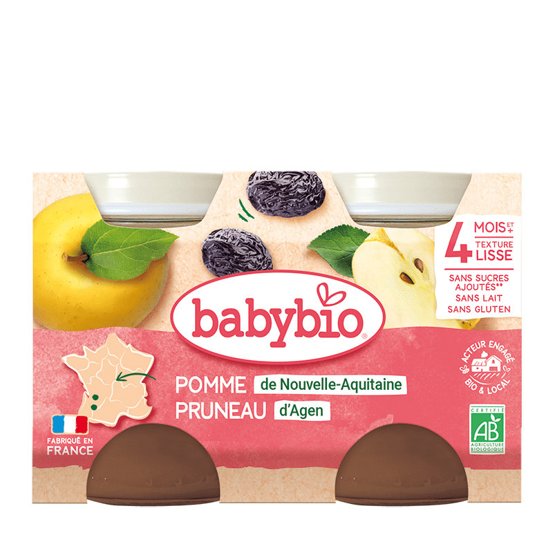 BABYBIO Petit Pot Pomme Pruneau 2x130g bio fruits bébé dès 6 mois alimentation infantile texture adaptée sans sucre ajouté - novaparapharmacie