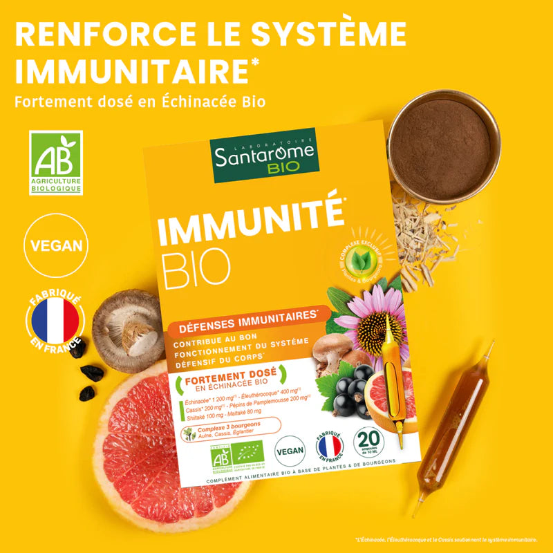 Complément SANTAROME Immunité BIO 20 Ampoules alimentaire  défenses naturelles BIO hiver serein résistance 4 plantes 2 champignons 3 bourgeons - novaparapharmacie