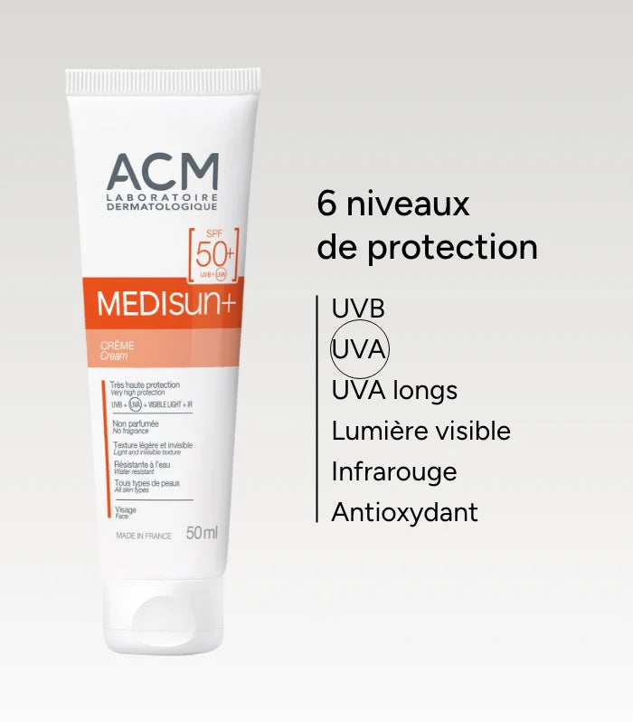 ACM Medisun résultats crème SPF 50+ protection hydratante résistante eau UVA UVB efficacité prouvée peau protégée - novaparapharmacie