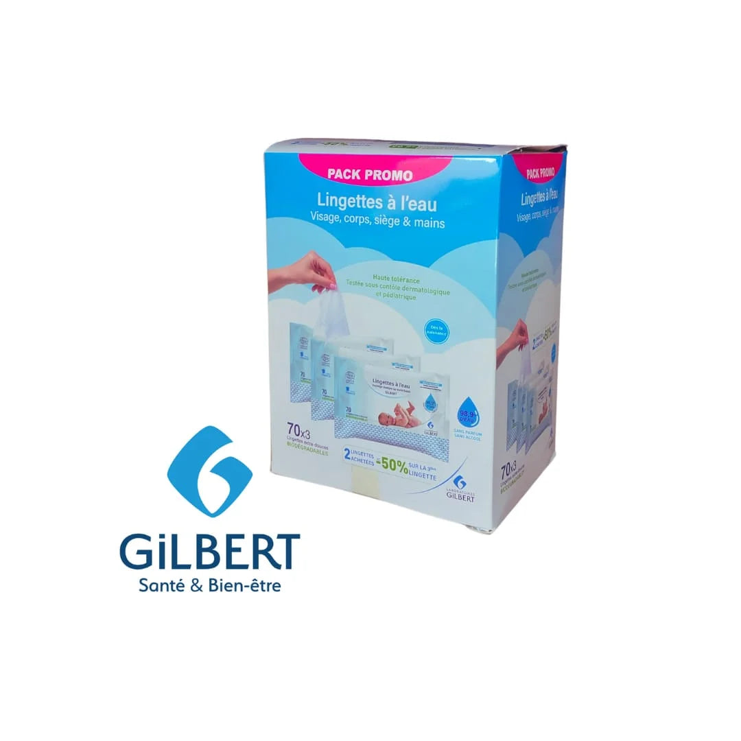 GILBERT Pack Lingettes à l'Eau 3x70 pièces bébé ultra-pures naturelles peaux sensibles - novaparapharmacie
