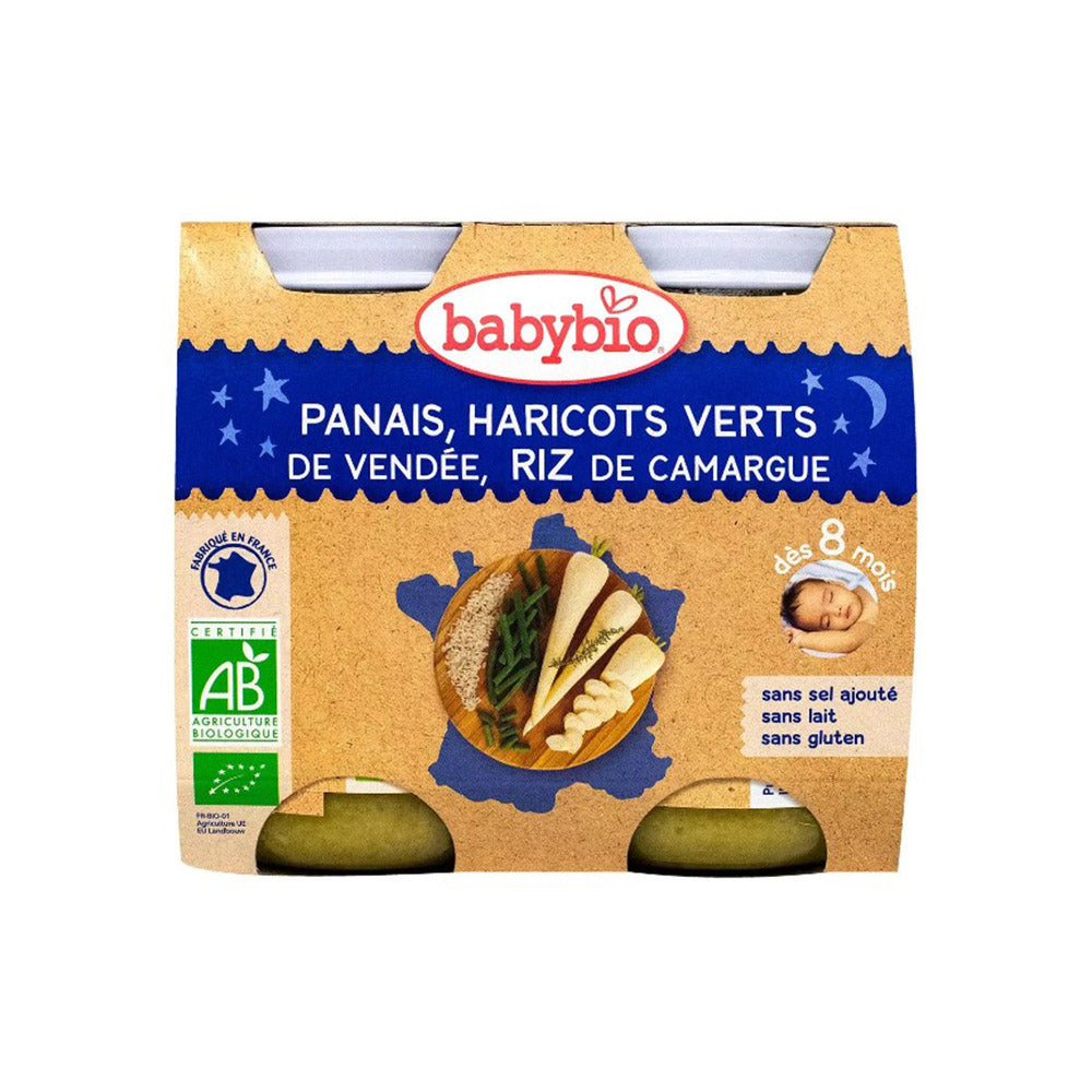 Babybio Bol Bonne Nuit Panais Haricots Verts Riz Bio 2x200g repas bébé dès 8 mois légumes riz biologiques - novaparapharmacie