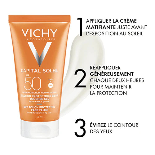 VICHY Capital Soleil application émulsion toucher sec SPF50+ protection solaire haute UVA UVB eau thermale visage quotidien - novaparapharmacie