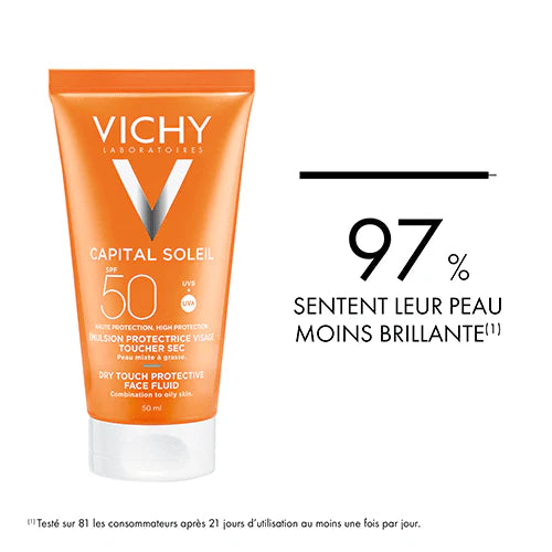 VICHY Capital Soleil caractéristiques émulsion toucher sec SPF50+ protection solaire haute UVA UVB eau thermale matifiante - novaparapharmacie