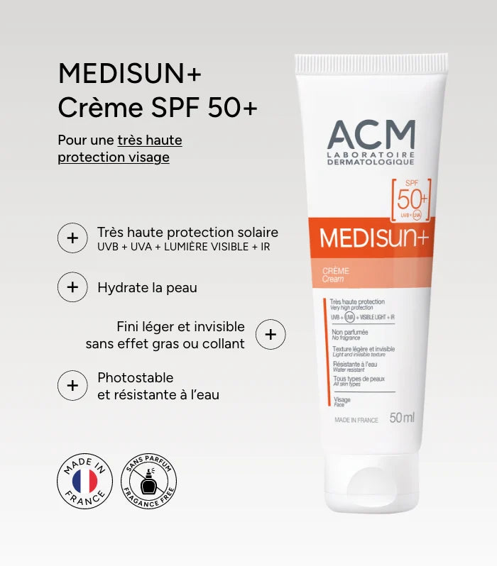 ACM Medisun résultats crème SPF 50+ protection hydratante résistante eau UVA UVB efficacité prouvée peau protégée - novaparapharmacie