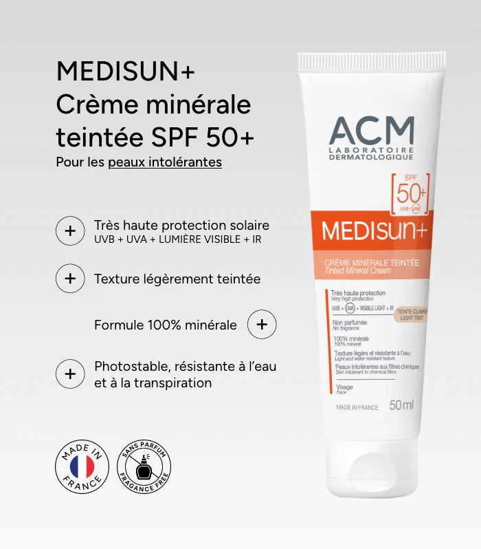 ACM Medisun packaging écran minéral teinte claire SPF50+ protection naturelle filtres minéraux tube pratique visage - novaparapharmacie