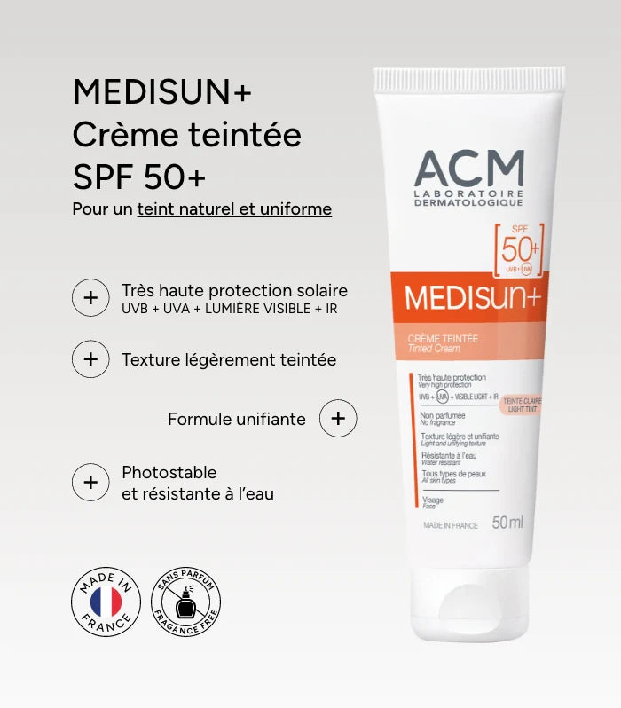 ACM Medisun packaging crème teintée claire SPF 50+ protection unifiante teint naturel tube pratique application facile - novaparapharmacie 